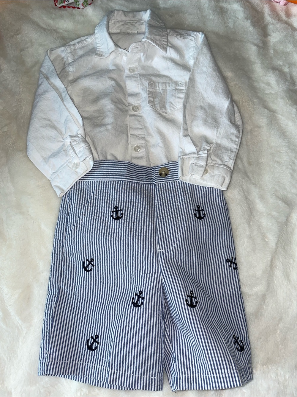 Iefiel onesie-style white button-down shirt, boys’ 2T with nautical shorts